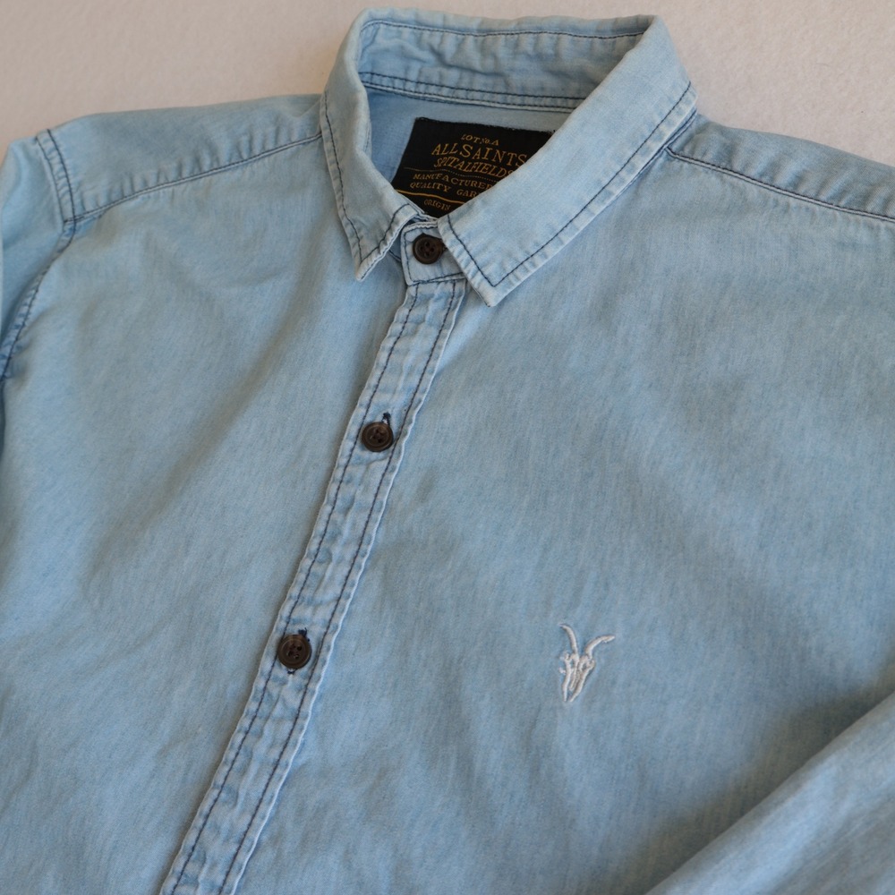 AllSaints Spitalfields Hiroshi Shino Blue Denim Chambray Ram Skull Shirt Mens L